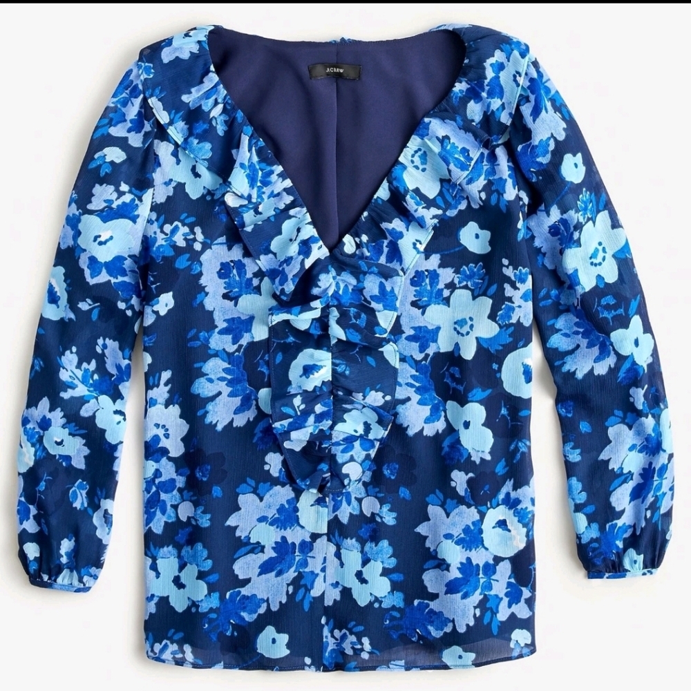 J. Crew NEW Ruffle Trim V-Neck Blouse Women's XL Watercolor Blue Floral Print